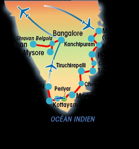 Circuit privé en Inde du Sud : Épices et bois de Santal — Carte du circuit