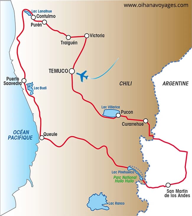 L'Araucania, berceau des Mapuches — Carte du circuit